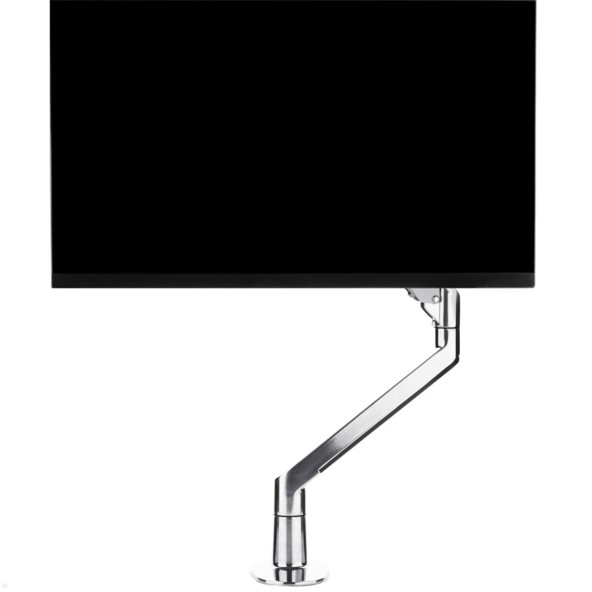 Ein schwarzer Computermonitor, der auf einem silbernen verstellbaren Arm montiert ist, vor einem einfachen weißen Hintergrund.