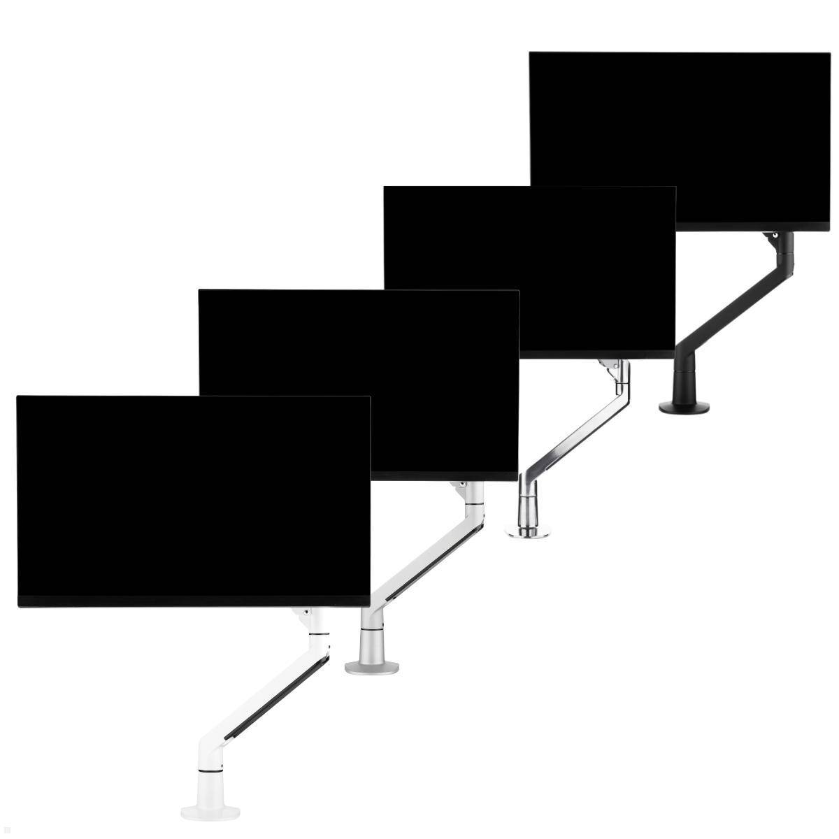Vier Computermonitore auf verstellbaren Armen, diagonal ausgerichtet, zeigen ihre Montagefle­xibilität und ergonomische Positionierung.