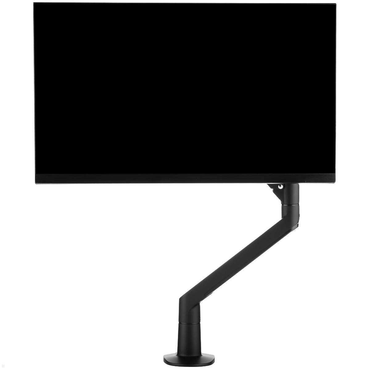 Ein schwarzer Monitor auf einem verstellbaren Ständer, vor einem weißen Hintergrund positioniert, der ein minimalistisches und modernes Design zeigt.
