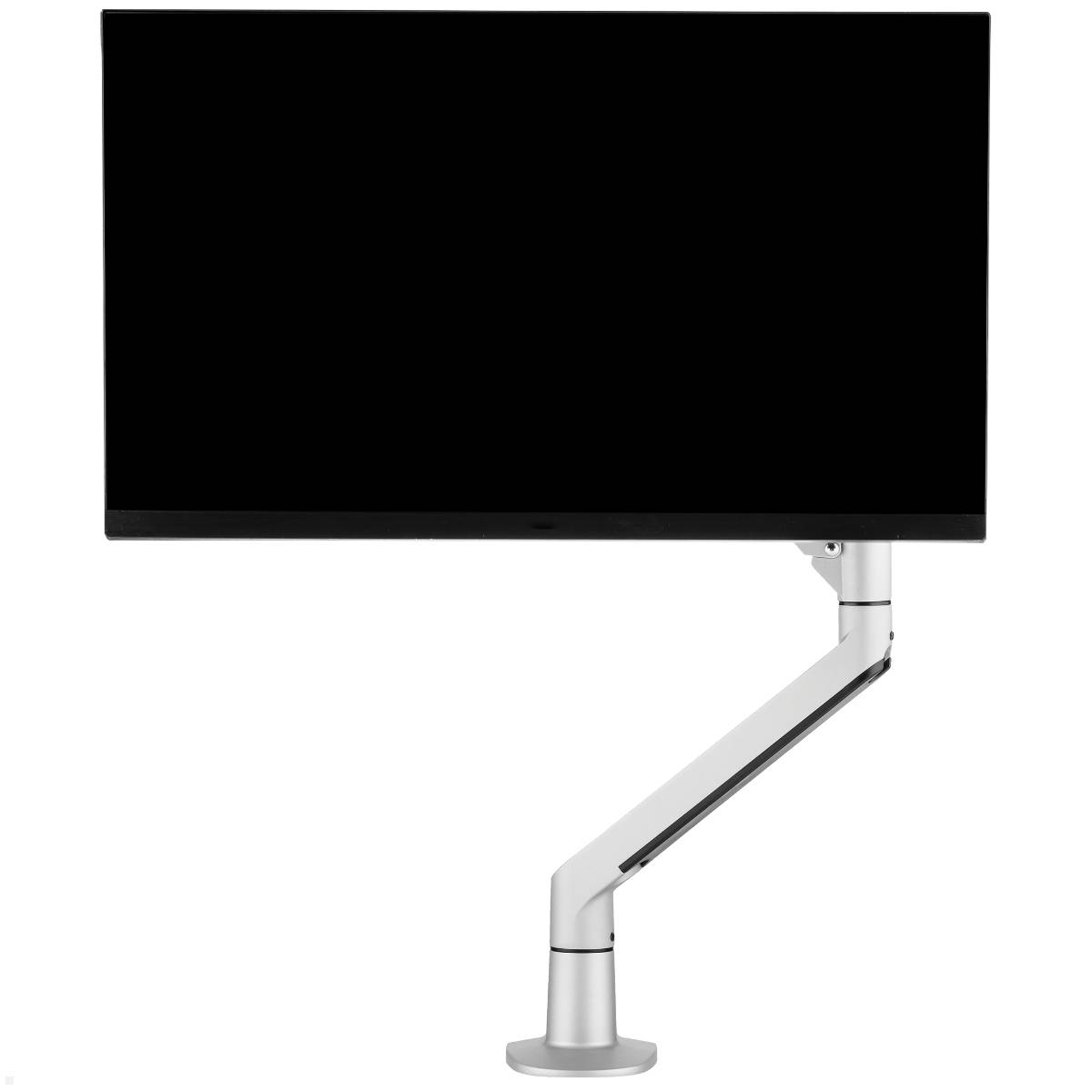 Ein Flachbildschirm-Monitor, der auf einem schlanken, verstellbaren silbernen Armständer montiert ist, vor einem einfachen weißen Hintergrund positioniert.