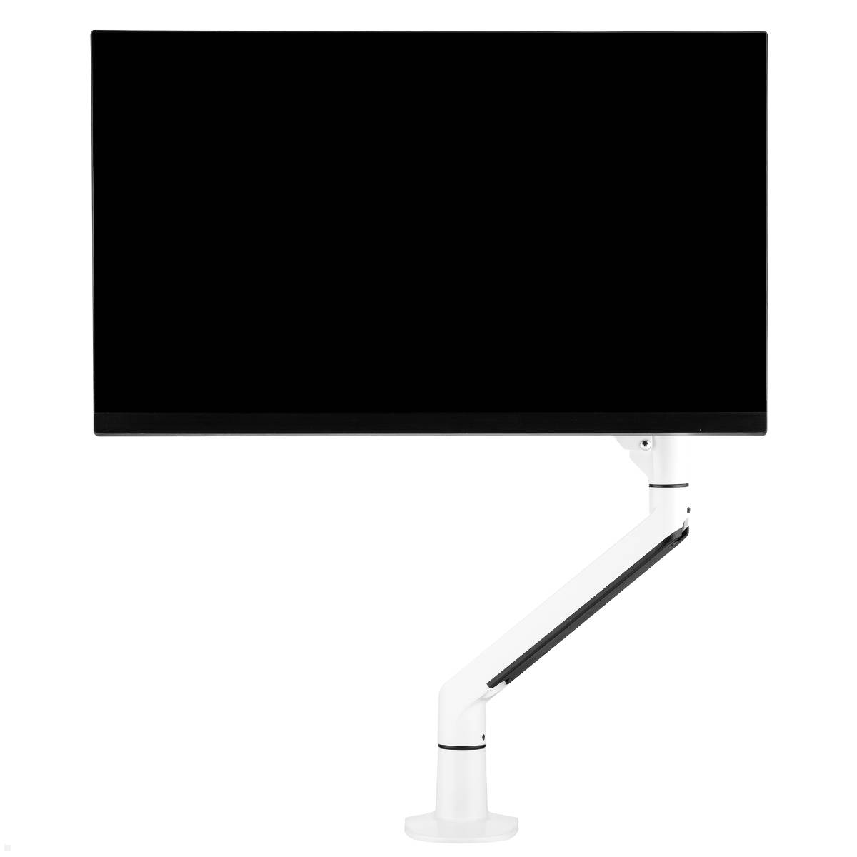 Ein schwarzer Monitor auf einem weißen verstellbaren Armständer vor einem schlichten weißen Hintergrund.