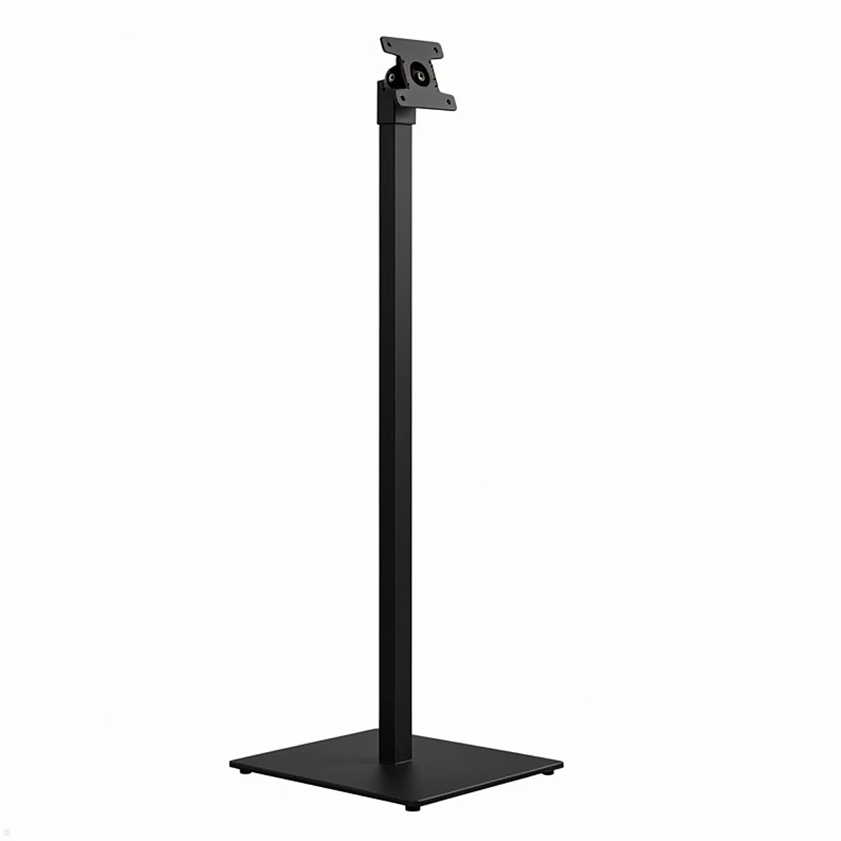 Ein schwarzer Metallbodensockel für einen Monitor oder Fernseher mit quadratischer Basis und verstellbarer Halterung oben.