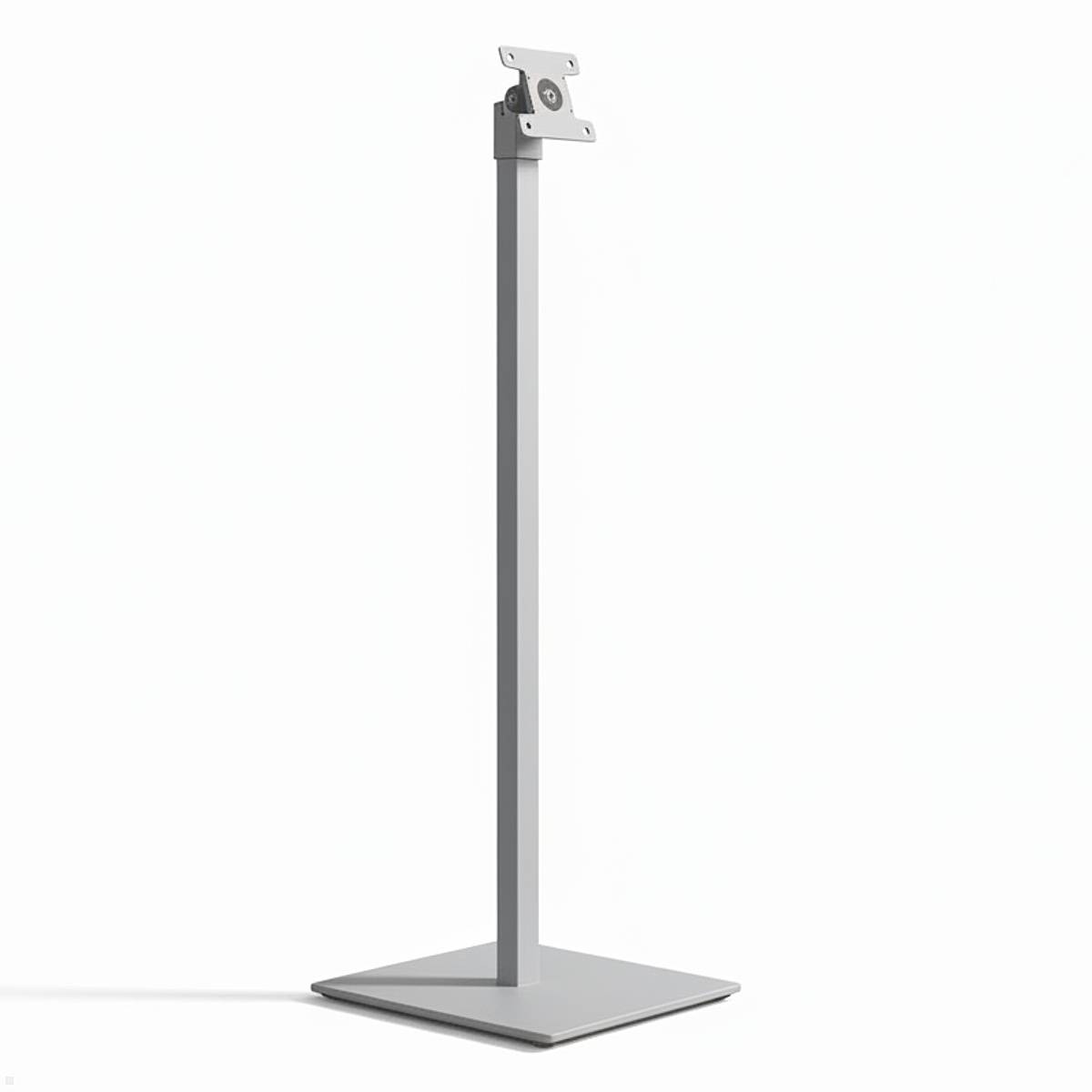 Ein hoher Metallbodenständer mit flacher Basis, ausgestattet mit einer verstellbaren Halterung an der Oberseite, entwickelt zum Halten von Bildschirmen oder Displays.