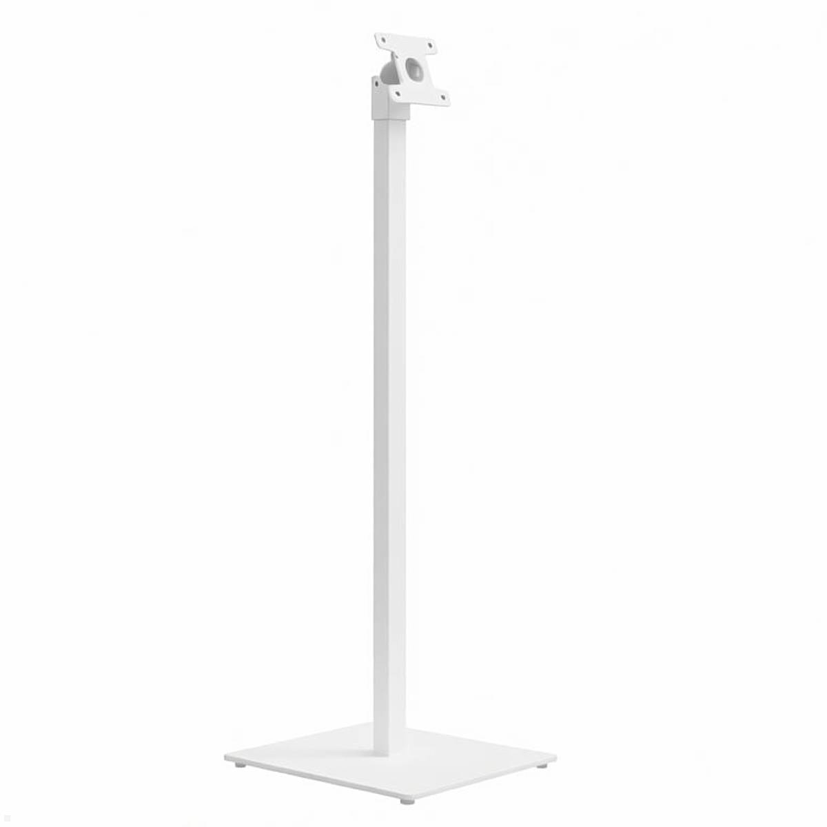 Ein weißer Bodenständer mit einer stabilen rechteckigen Grundplatte und einer verstellbaren Halterung oben zur Befestigung eines Bildschirms oder Monitors, aufrecht positioniert.