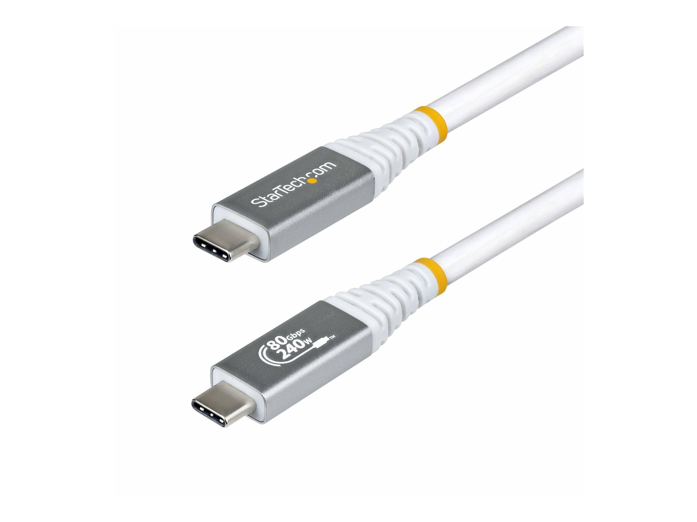 Zwei weiße USB-C-Kabel mit grauen Steckverbindern, eines mit der Bezeichnung 