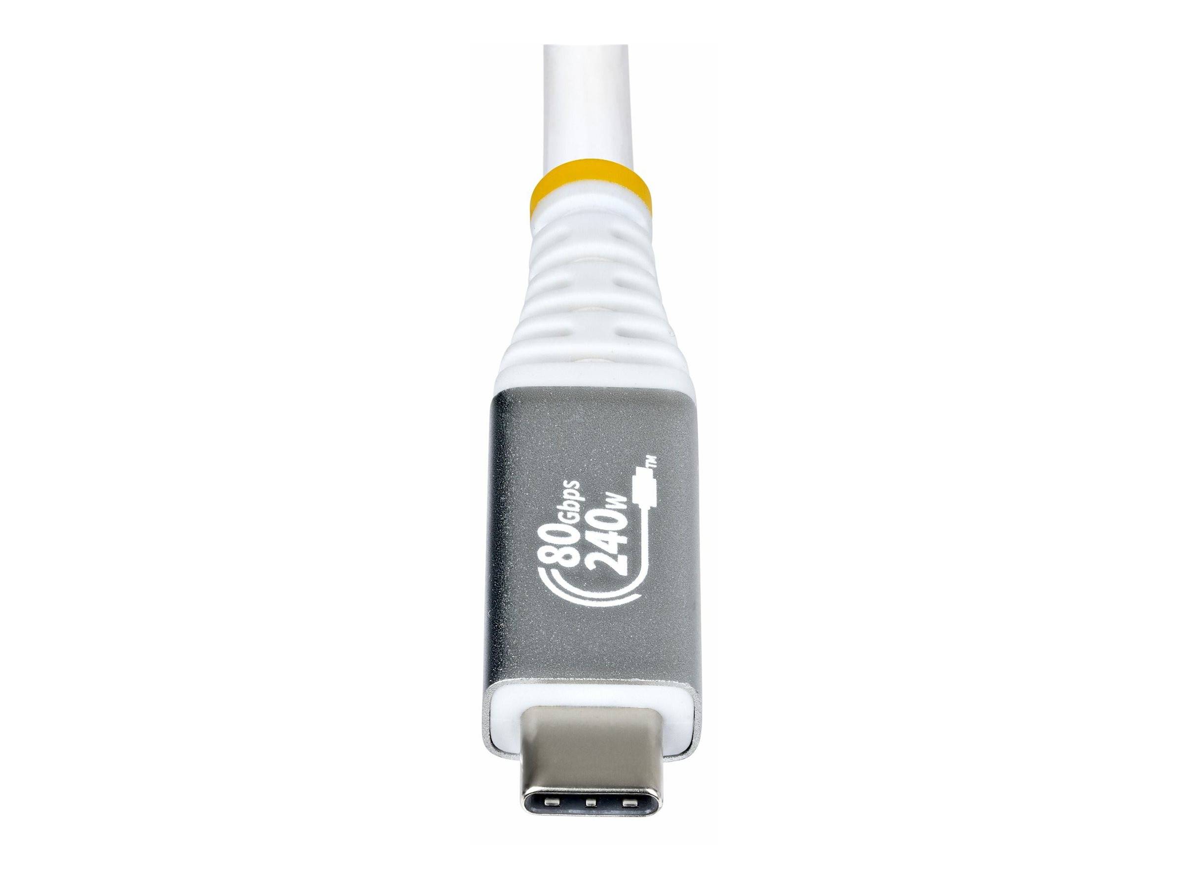 USB-C-Ladekabelstecker mit grauem strukturiertem Griff und weißem flexiblem Hals auf einfachem weißem Hintergrund.