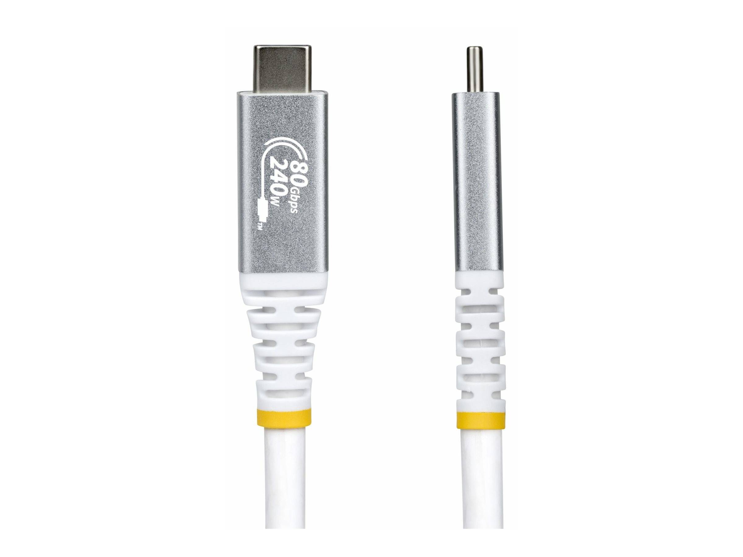 Ein USB-C-Ladekabel mit einem grauen Stecker mit der Aufschrift „80Gbps 240W