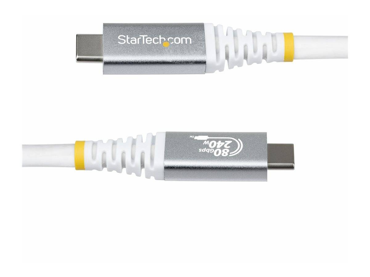 Zwei Ansichten eines StarTech.com USB-C-Ladekabels mit weiß geflochtener Zugentlastung und silbernen Steckern.
