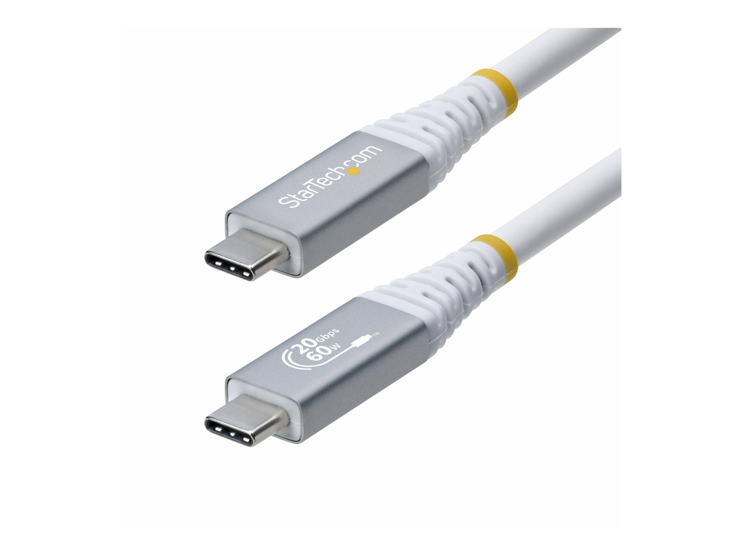 Zwei USB-C-Kabel mit silbernen Steckern und weißen Kabeln. Jeder Stecker hat 'StarTech.com' aufgedruckt.