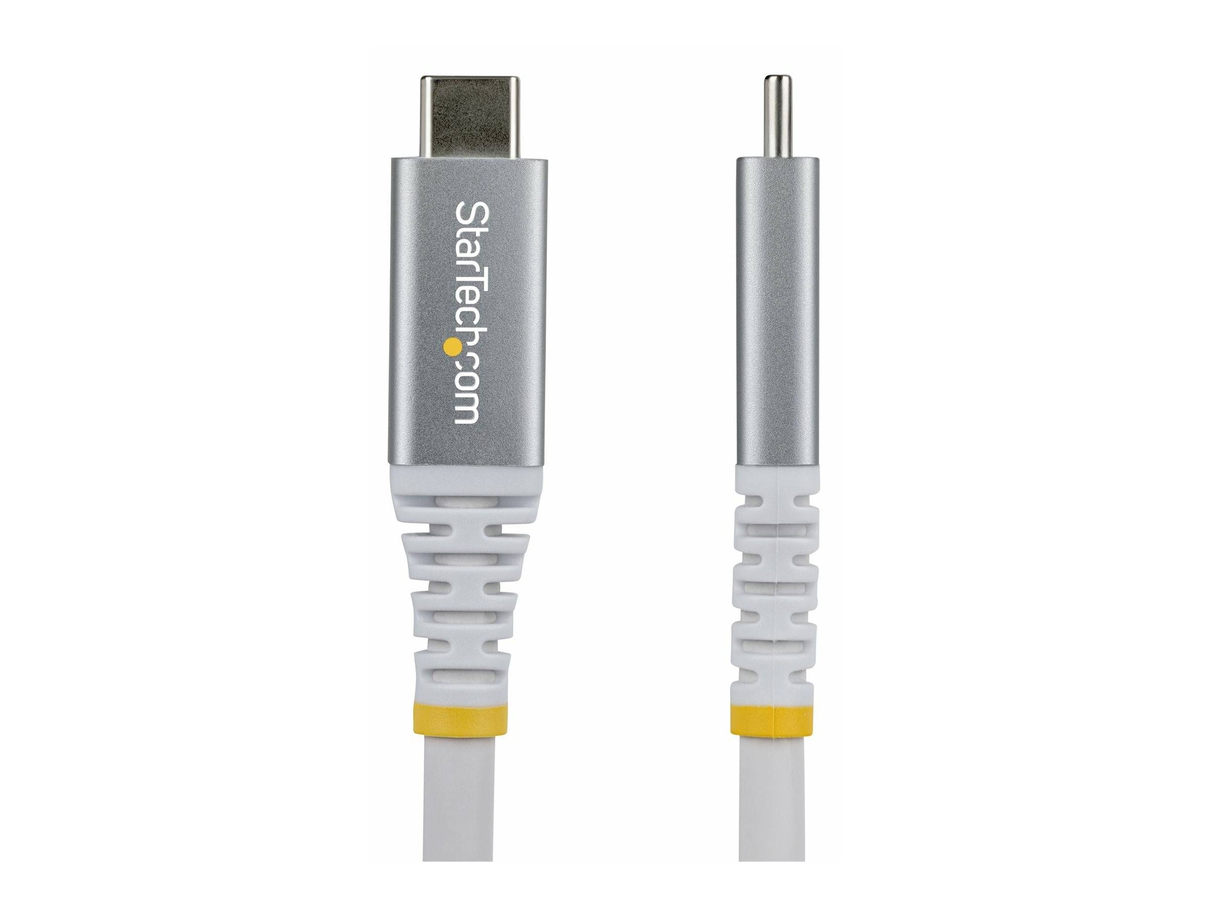 Zwei USB-C-Kabel nebeneinander, wobei das Design der Anschlüsse hervorgehoben wird.