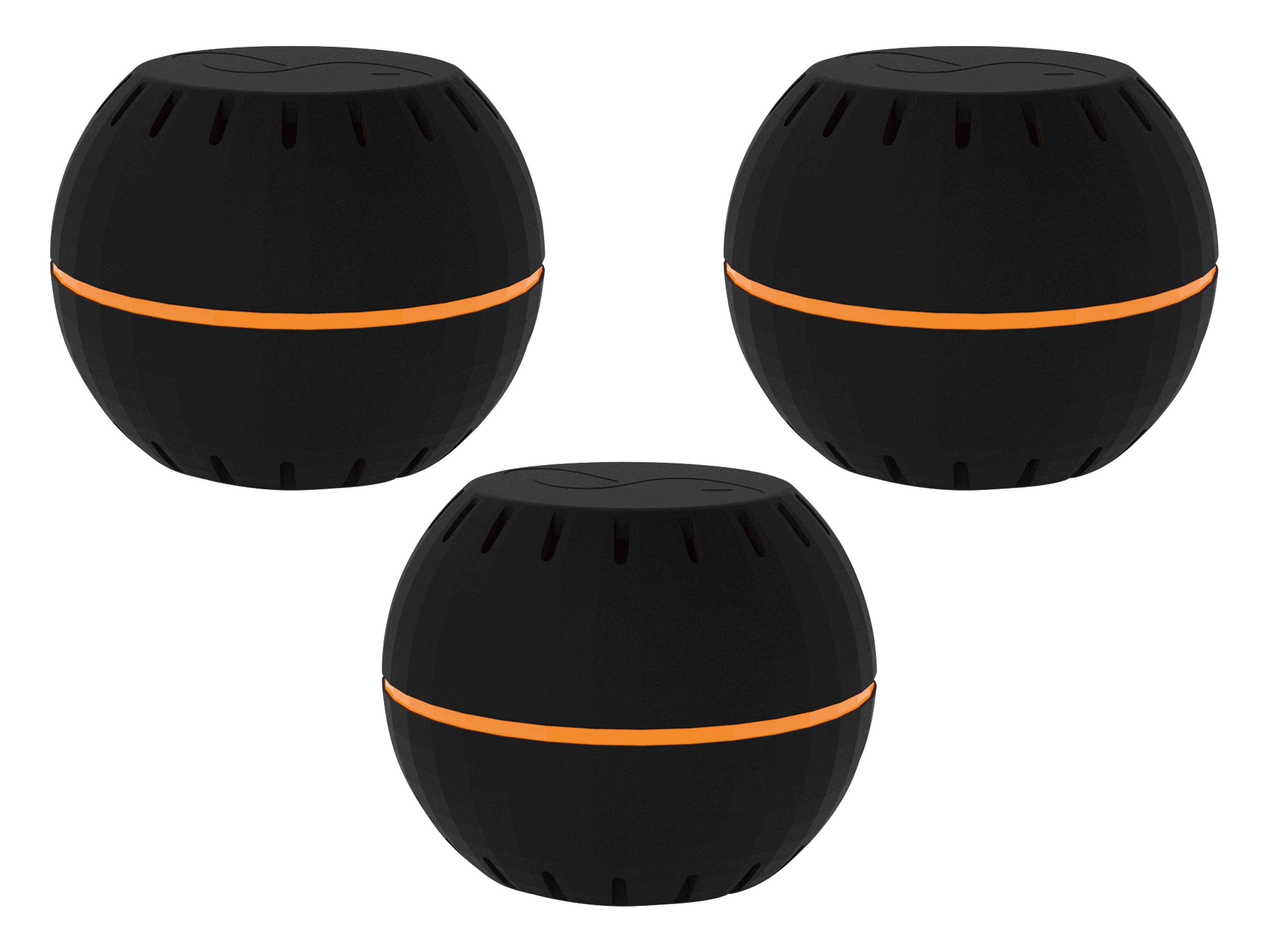 Drei schwarze zylindrische Objekte mit orangefarbenen horizontalen Streifen in einem Muster, gleichmäßig in einer dreieckigen Anordnung vor einem weißen Hintergrund angeordnet.
