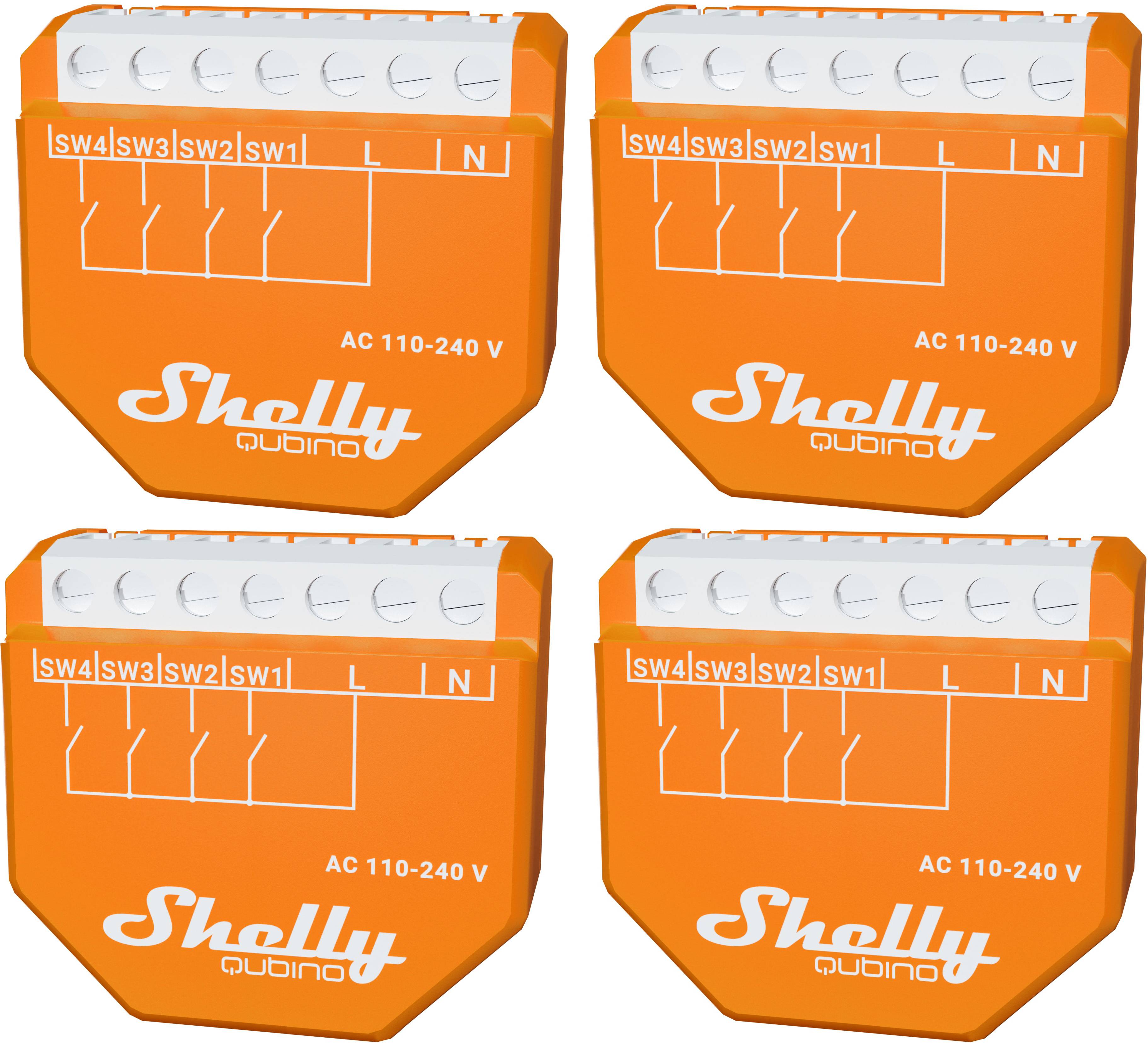 Vier orangefarbene Shelly Quibino-Geräte mit der Bezeichnung AC 110-240 V, jeweils mit L-, N- und SW1-SW4-Anschlüssen.