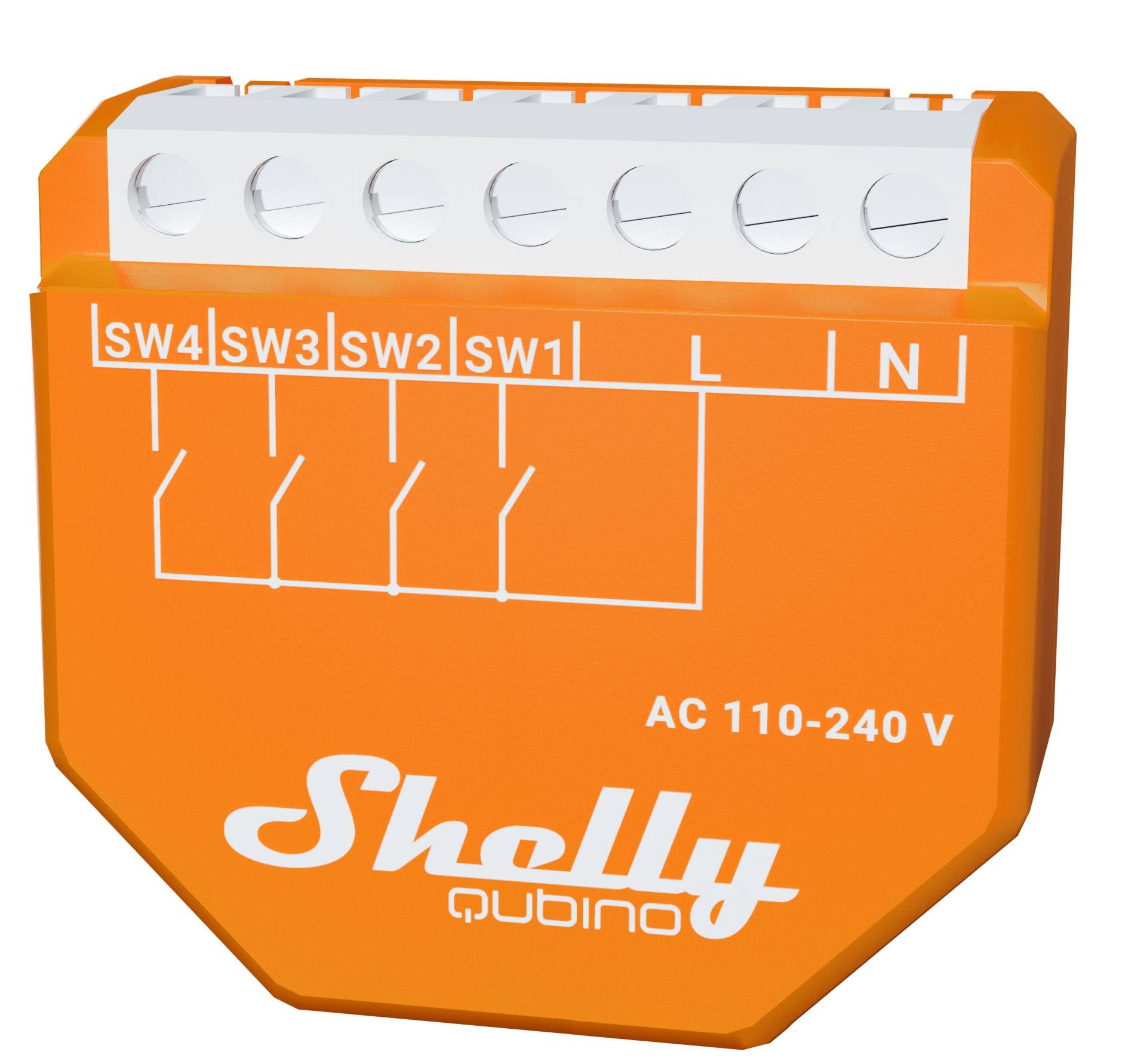 Orange Shelly Qubino-Gerät mit Verdrahtungsbeschriftungen „Sw4