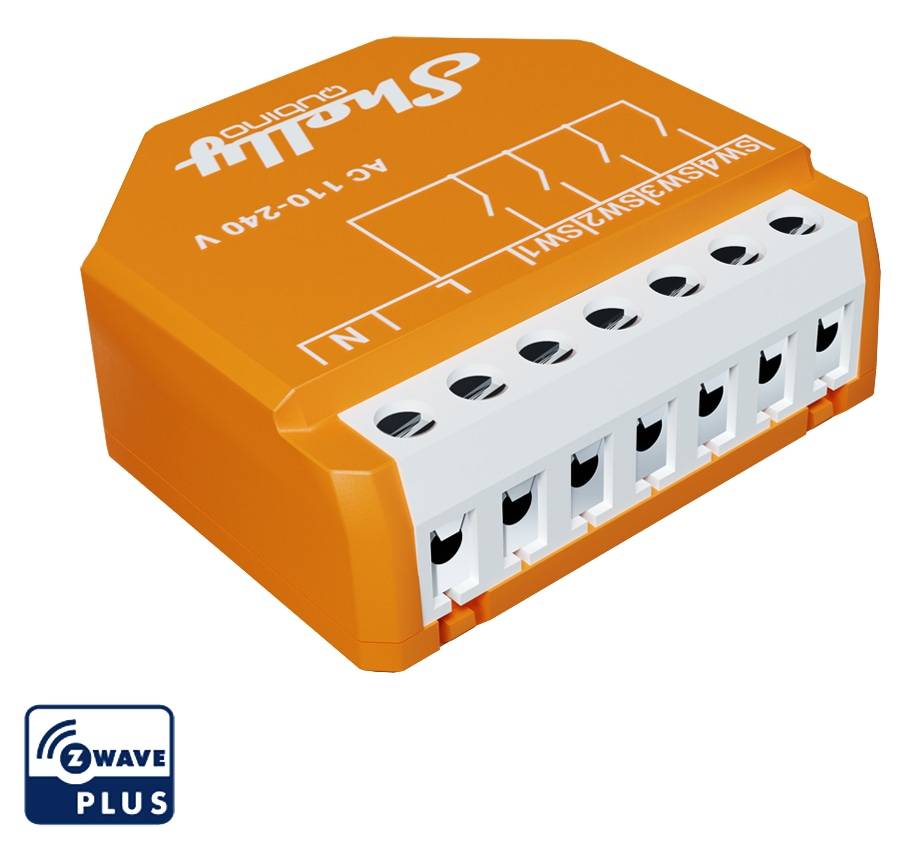 Intelligente Steckdose mit der Bezeichnung 'Shelly Plus' mit mehreren Anschlüssen für elektrische Verbindungen, mit Z-Wave Plus-Symbol zur Anzeige der Kompatibilität.