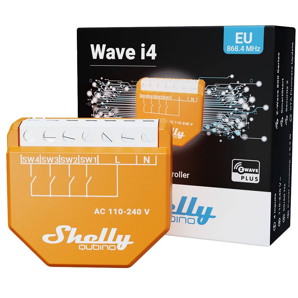 Shelly i4 Wave, ein EU-zertifizierter intelligenter Haushalts-Mikrokontroller, unterstützt 868,4-MHz-AC-110-240V-Konnektivität. Verfügt über mehrere Schalteingänge.