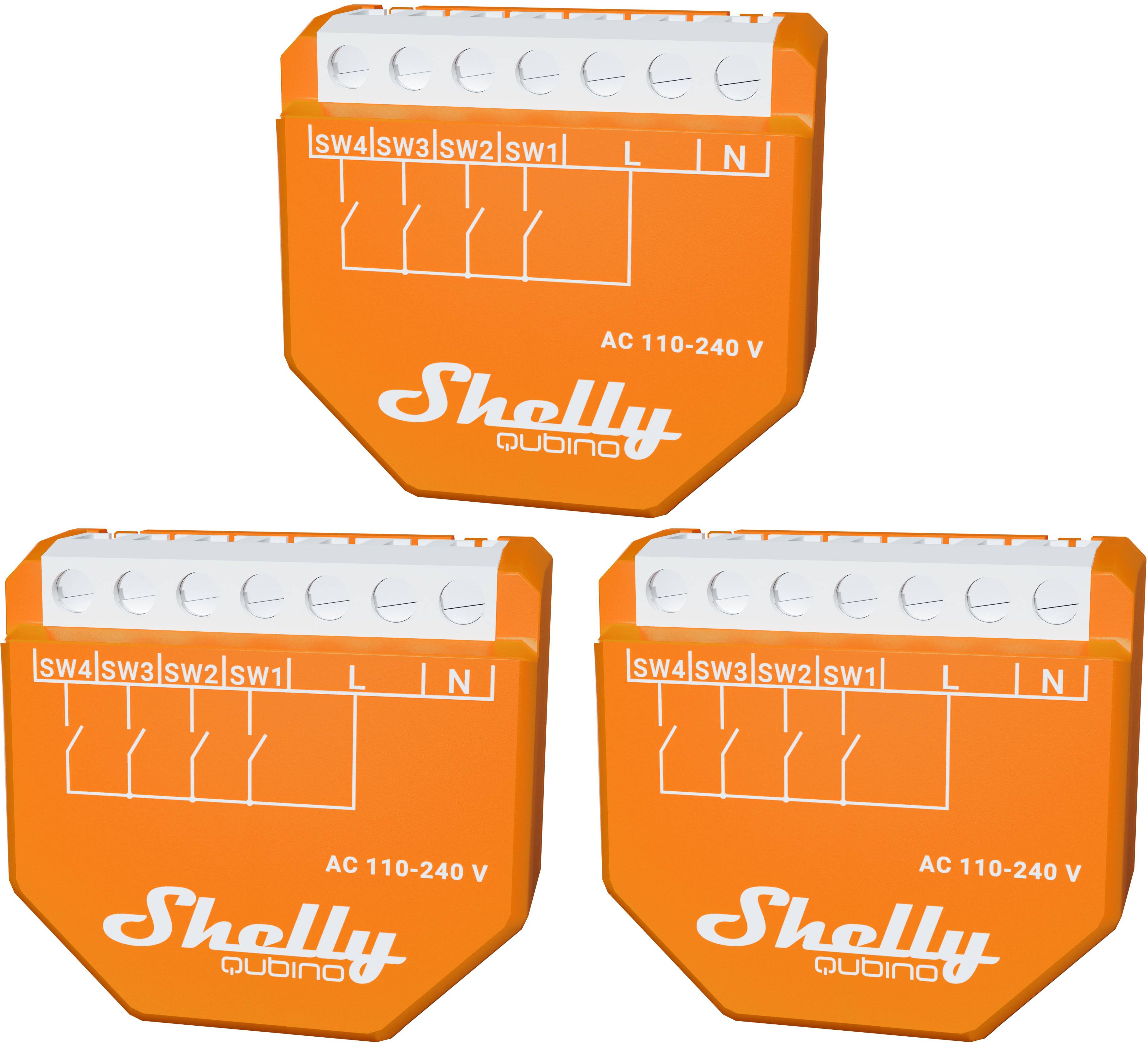 Drei orangefarbene Shelly Smart-Home-Geräte mit der Bezeichnung 