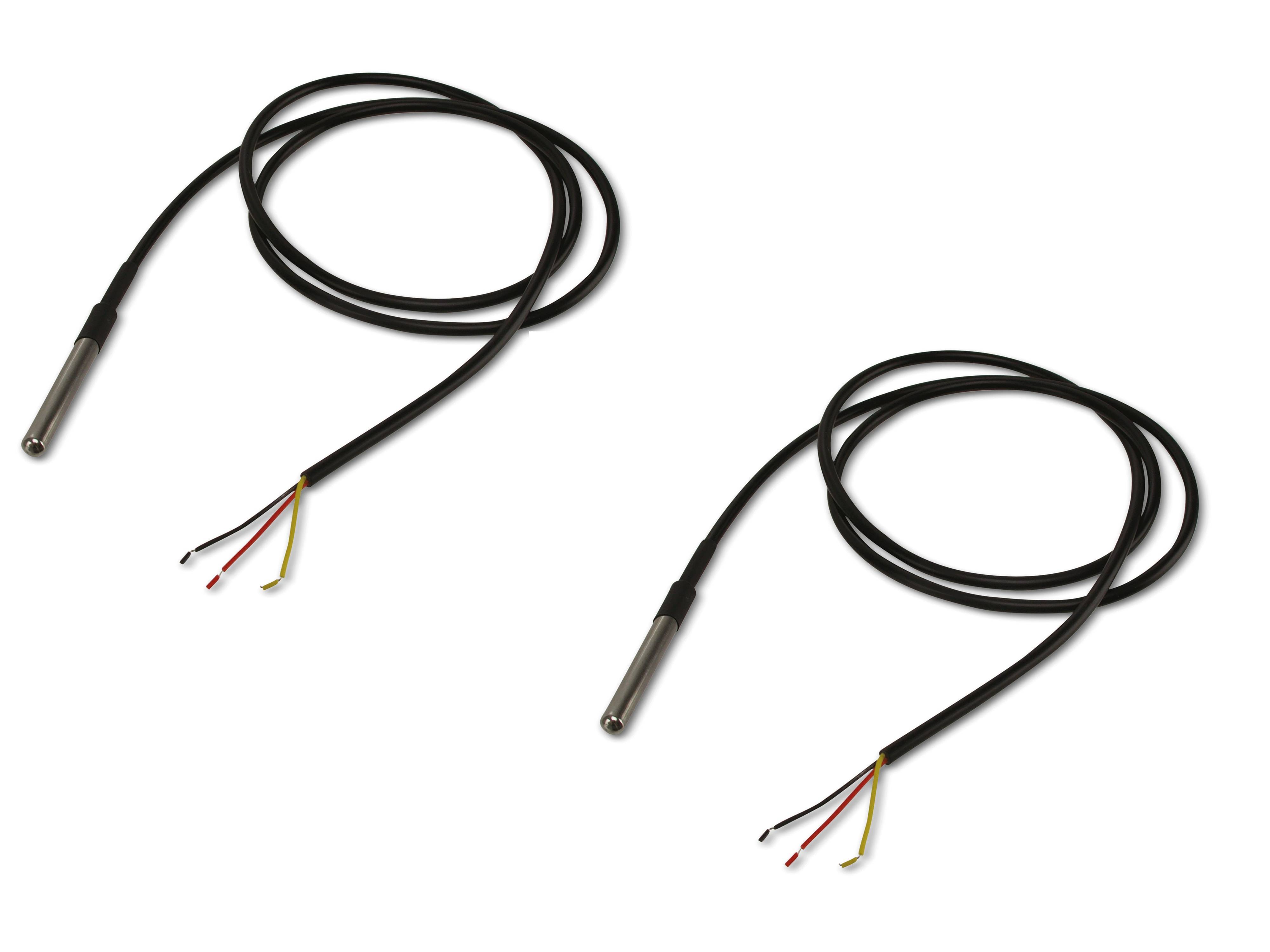 Ein schwarzes Kabel mit einer Metallsensorspitze und freiliegenden Drähten an jedem Ende, das zur Temperaturmessung in elektronischen Geräten verwendet wird.