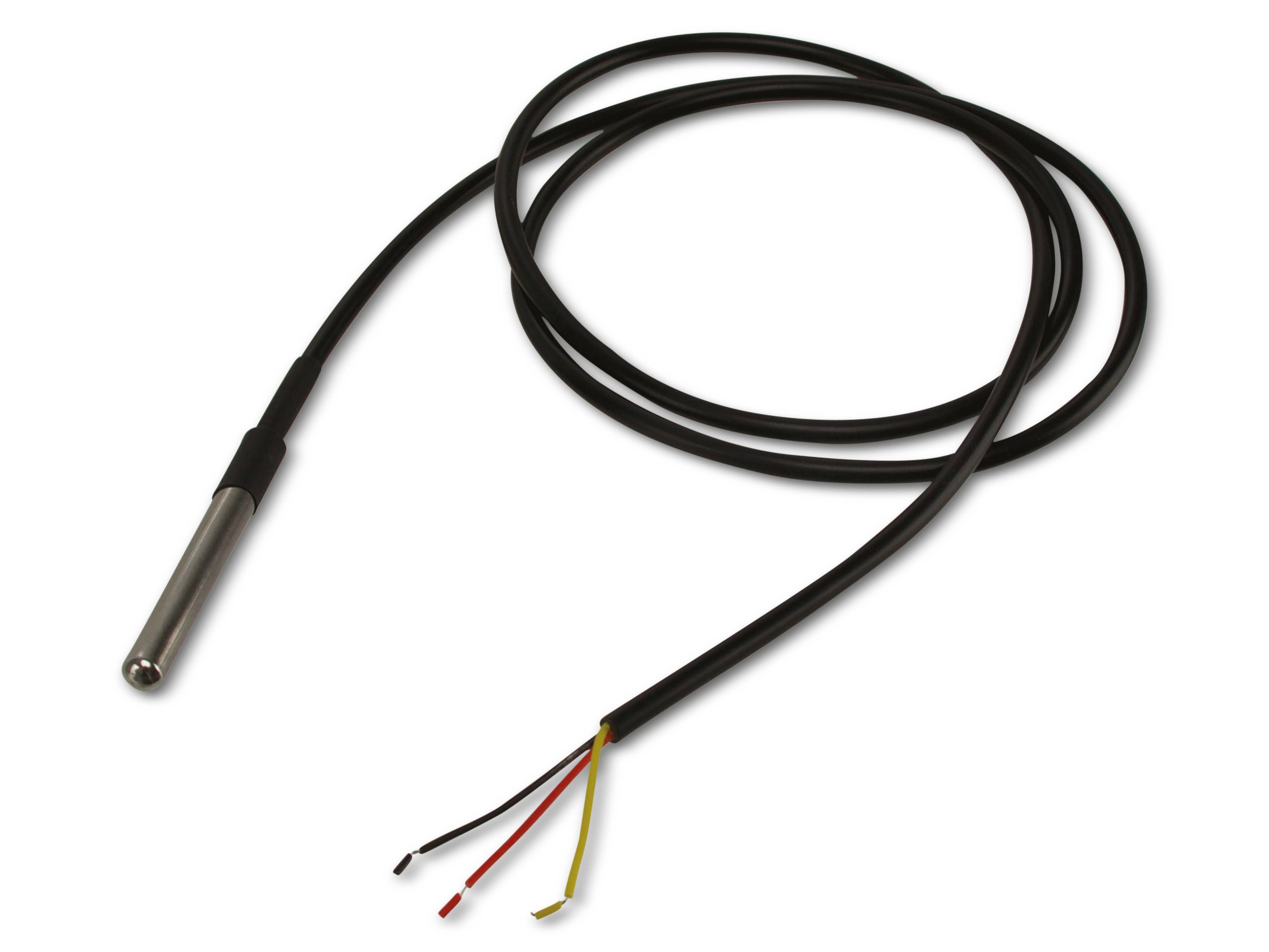 Ein zylindrischer Metalltemperatursensor mit Kabel und drei freigelegten Drähten: rot, gelb und schwarz. Wird in industriellen Anwendungen verwendet.
