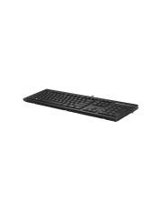 Eine schwarze Computertastatur mit standardmäßigem QWERTY-Layout und Nummernblock, schräg von oben betrachtet vor einem einfachen Hintergrund.