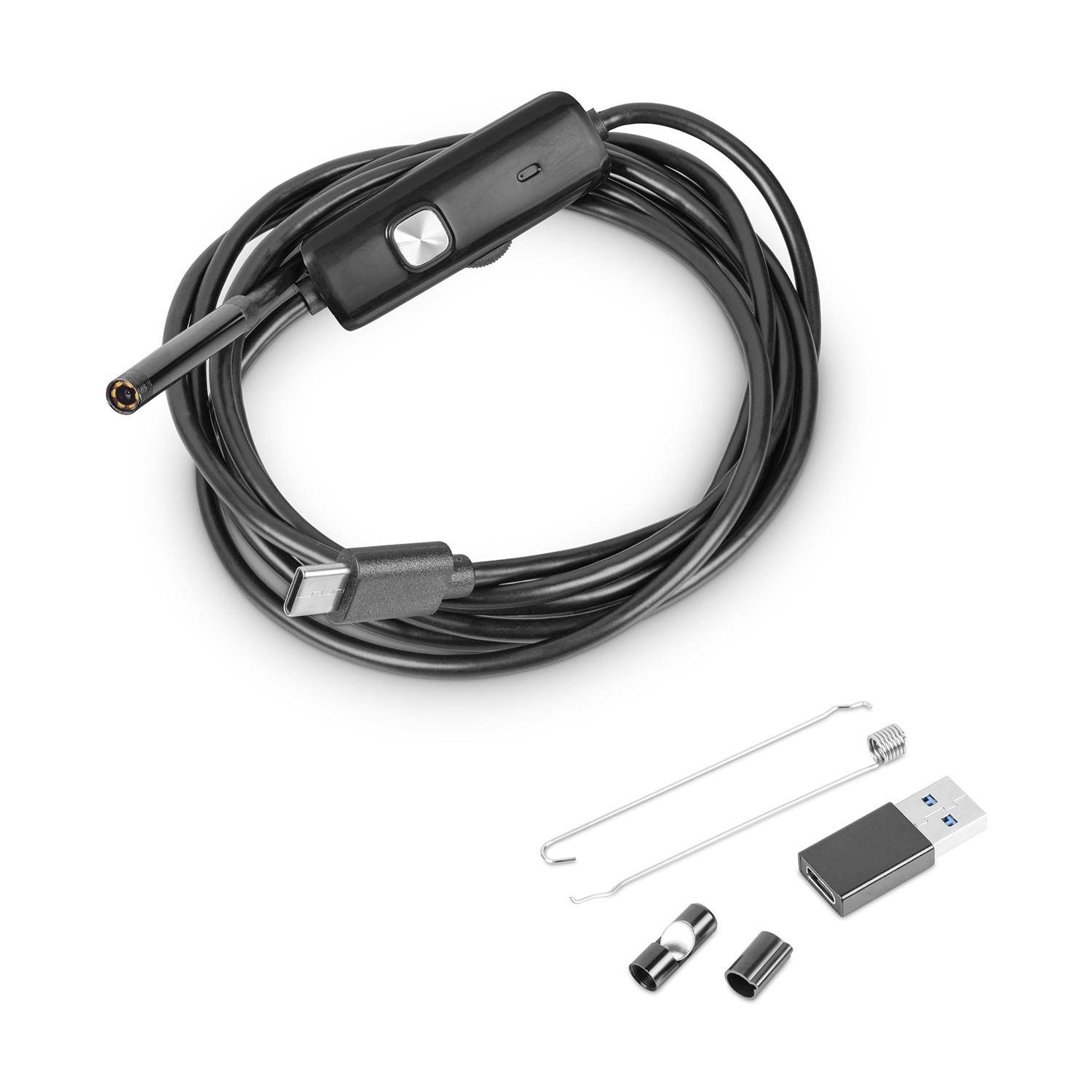 Ein aufgerolltes USB-Endoskop mit Kamera und Licht an einem Ende, einschließlich USB-Adapter, Haken und Zubehör für Inspektionsaufgaben.