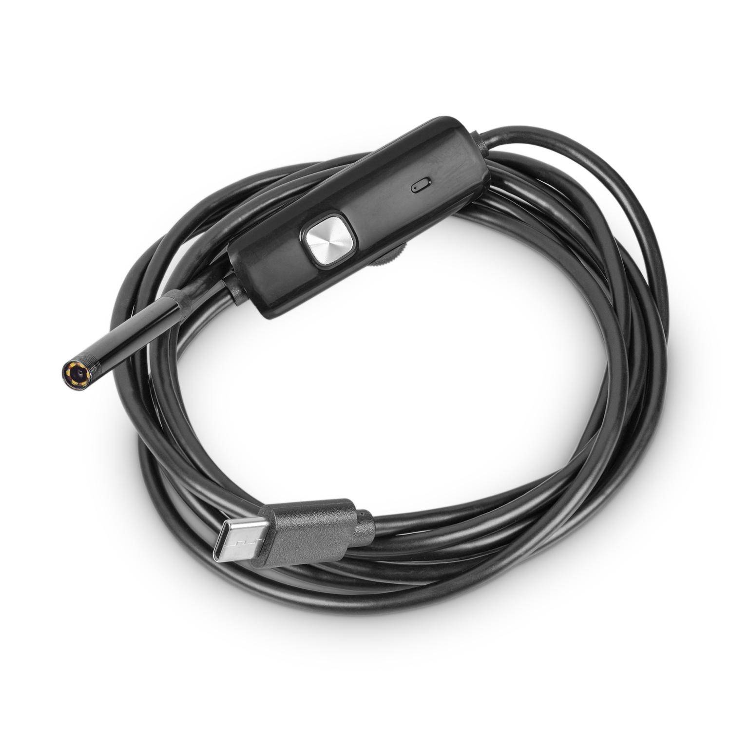 Eine aufgerollte Endoskopkamera mit USB-C-Anschluss und einer Kontrolltaste am Griff, entwickelt zur Inspektion von kleinen, schwer erreichbaren Bereichen.