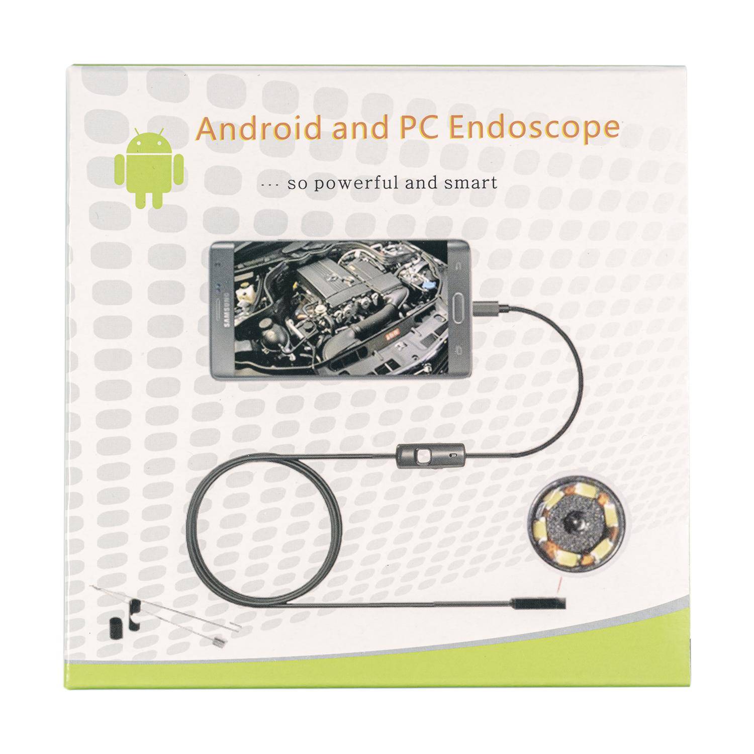 Verpackung für ein 'Android- und PC-Endoskop' mit einem Mobiltelefon, das über ein flexibles Kabel einen Automotor inspiziert.