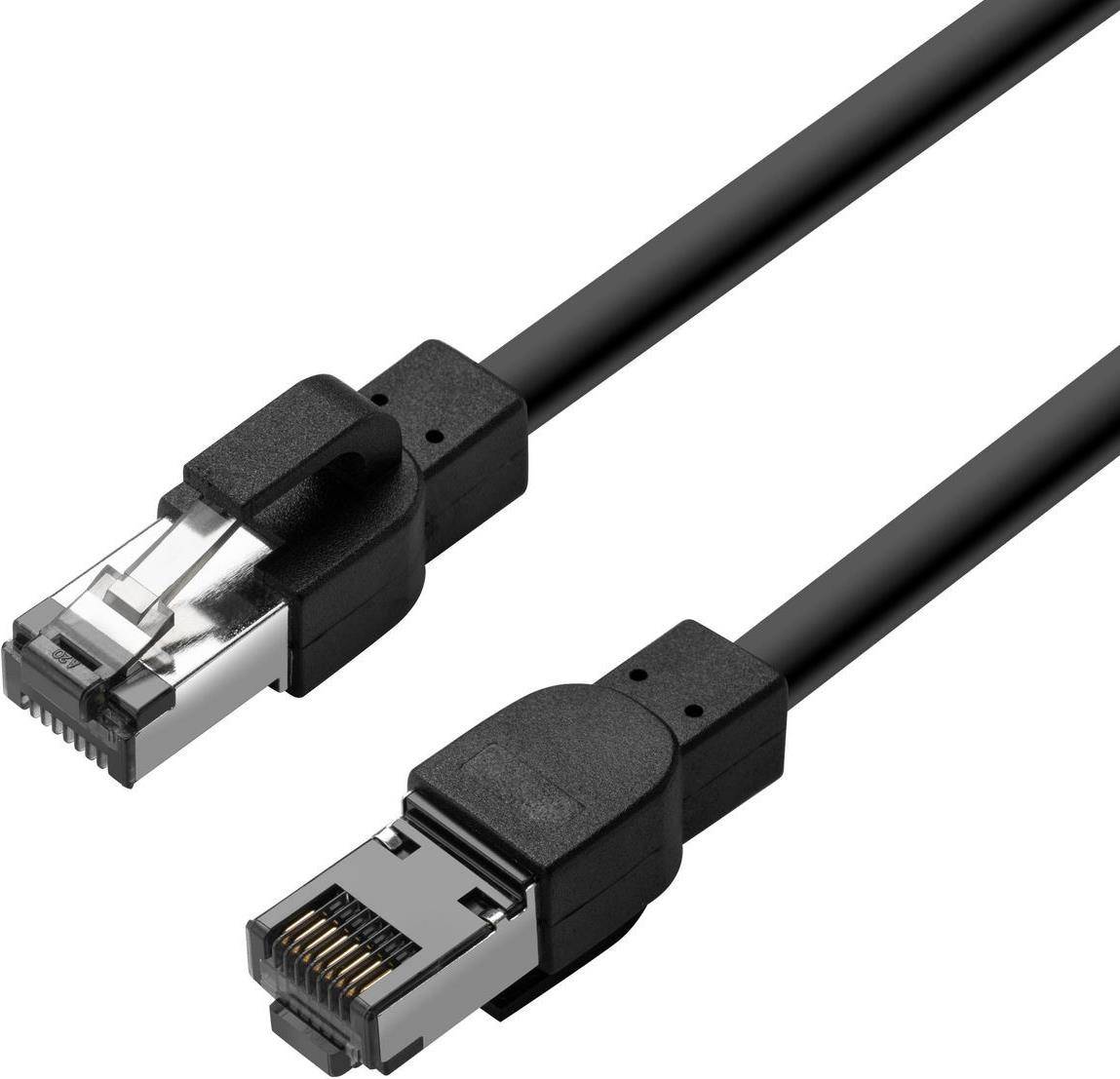 Nahaufnahme von zwei schwarzen Ethernet-Kabeln mit Steckern, die sich gegenseitig zugewandt sind und das Konzept einer Netzwerkverbindung veranschaulichen.