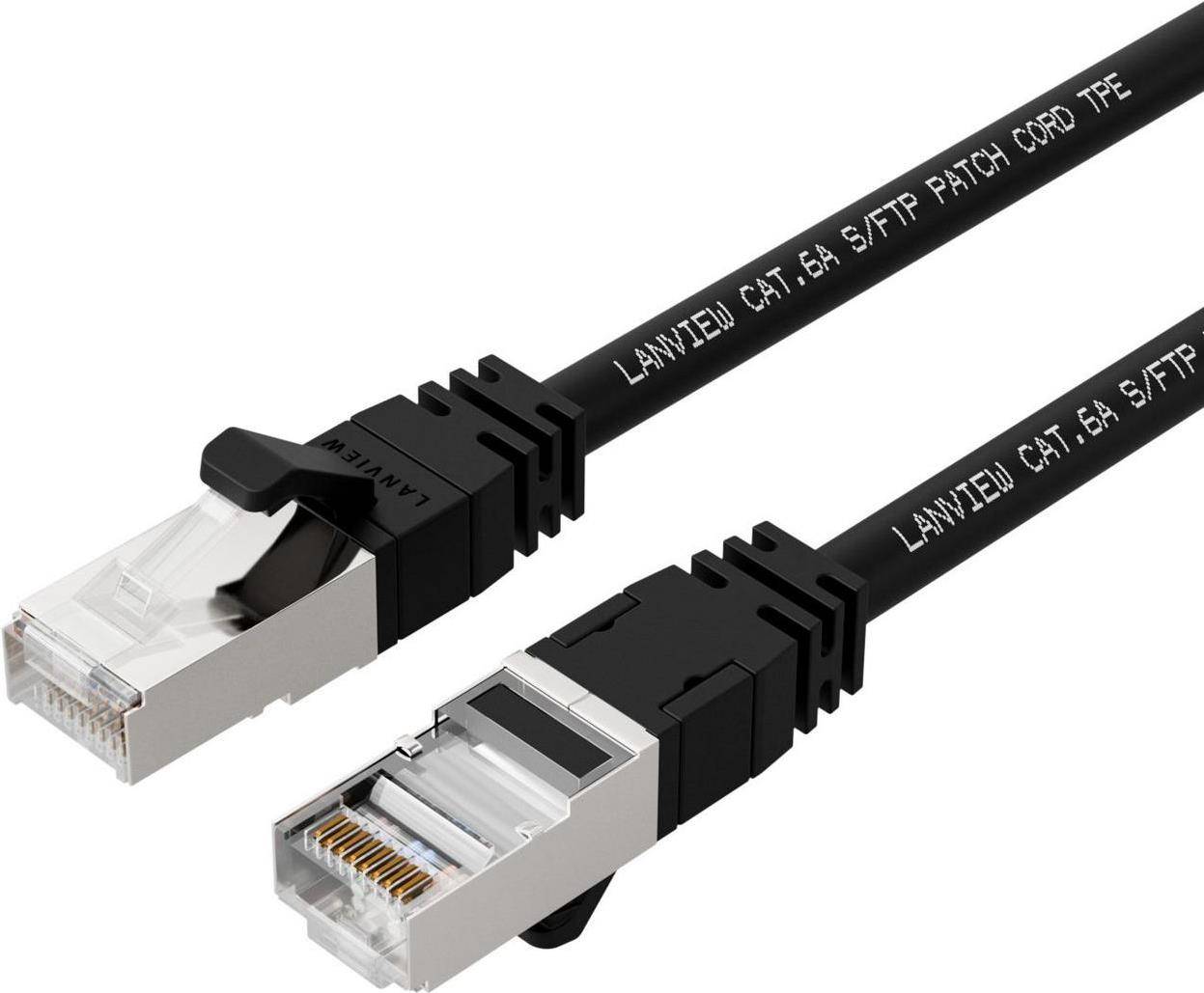 Zwei schwarze Ethernet-Kabel mit Steckern, gewebte Textur und beschriftet mit „LANVIE T1 CAT.6A S/FTP PATCH CORD
