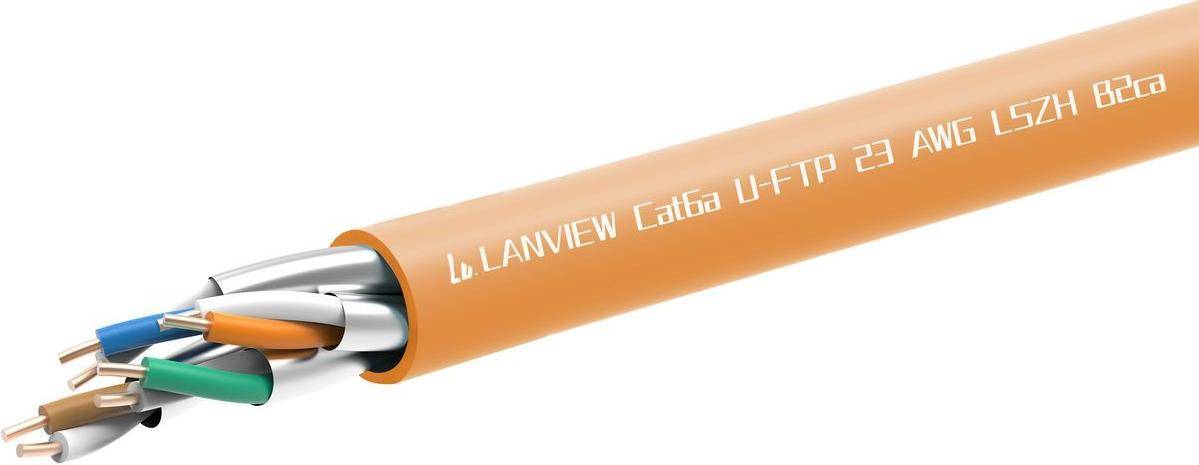 Oranges LAN-Kabel mit weißem Text: „LANVIEW Cat6a U-FTP