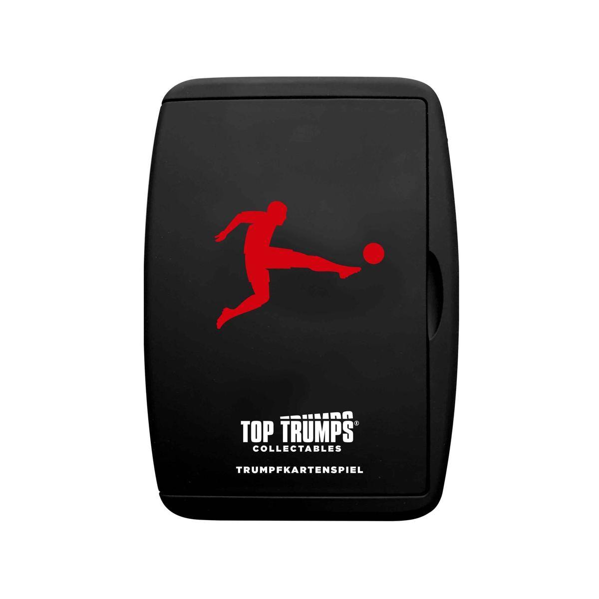 Top Trumps Collectables'-Kartenbox mit einer roten Silhouette eines Fußballspielers, der einen Ball tritt, auf schwarzem Hintergrund.