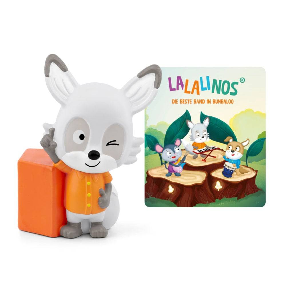 Eine Figur eines zwinkernden, anthropomorphen Tieres mit einem orangefarbenen Koffer. Im Hintergrund zeigt eine Illustration drei Tiere, die auf Baumstümpfen Musik spielen, mit dem Text „Lalalinos Die Beste Band in Bumbaloo