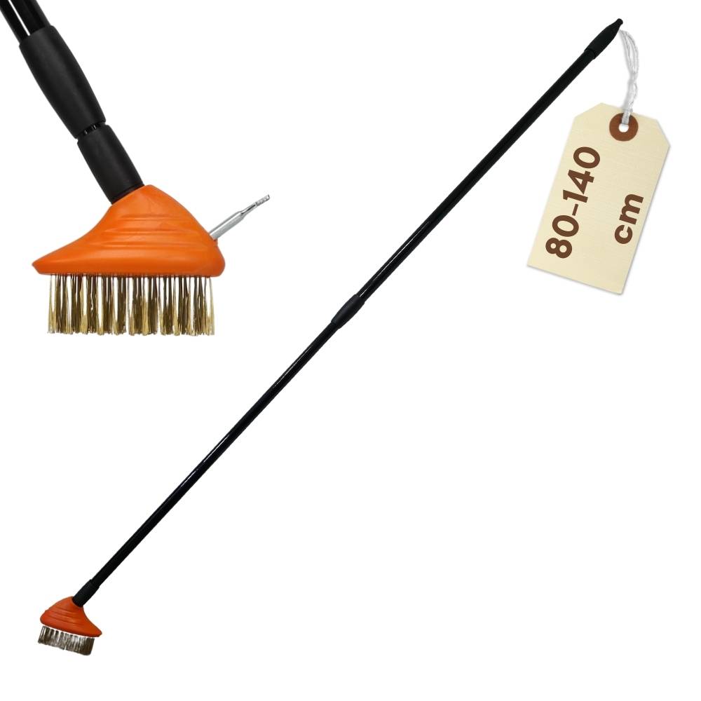 Verstellbare Golfschläger-Bürste mit 80-140 cm Griff und steifen Borsten zur effektiven Reinigung.