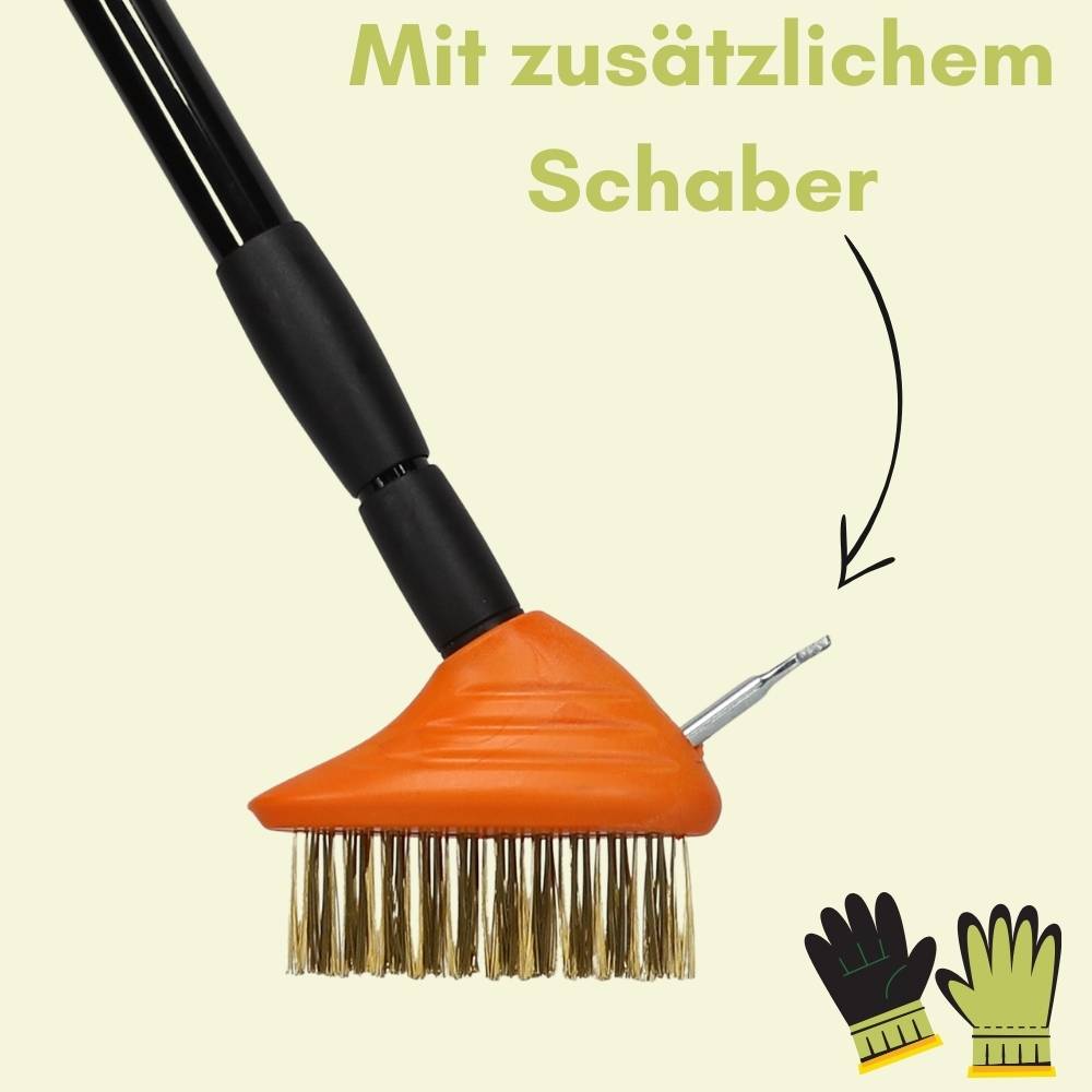 Ein Grillbürste mit orangefarbenem Griff und Metallborsten ist abgebildet. Der deutsche Text lautet „Mit zusätzlichem Schaber
