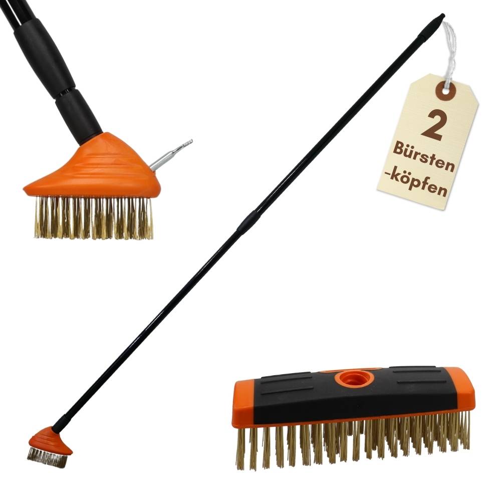 Eine ausziehbare Reinigungsbürste mit zwei austauschbaren Köpfen: eine schmale Bürste und eine breite Bürste, gekennzeichnet als „2 Bürstenköpfen