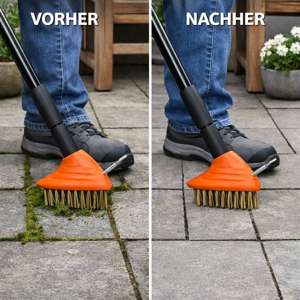 Ein Vergleich einer Steinterrasse mit Moos und Unkraut auf der linken Seite, beschriftet mit „Vorher