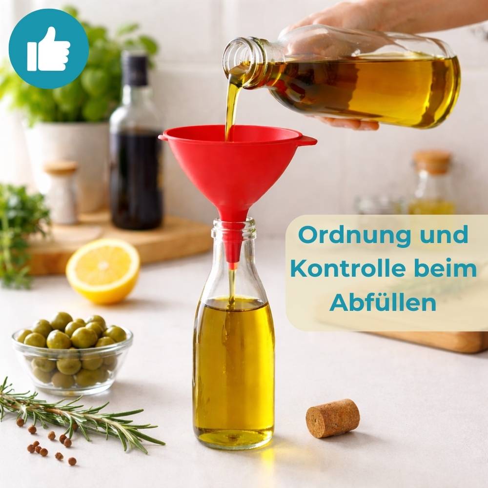 Eine Flasche, die mit Olivenöl mithilfe eines roten Trichters gefüllt wird. Der Text im Bild lautet: 