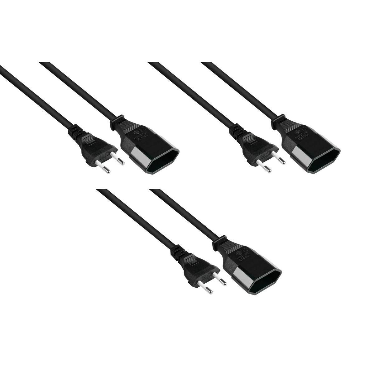 Drei schwarze Stromverlängerungskabel mit EU-Steckern, wobei jedes Kabel an einem Ende einen zweipoligen Stecker und am anderen Ende eine Steckdose aufweist.