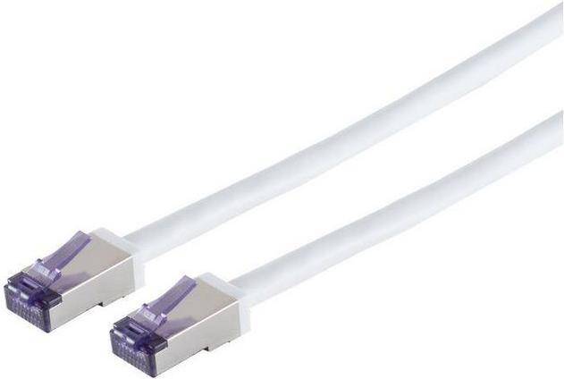 Zwei weiße Ethernet-Kabel mit silbernen Steckverbindern.
