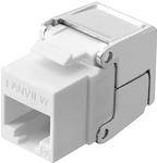 Ein weißer Netzwerk-Keystone-Buchsenstecker mit metallischer Halteklammer, entwickelt für die Installation von Ethernet-Kabeln in Netzwerksystemen.