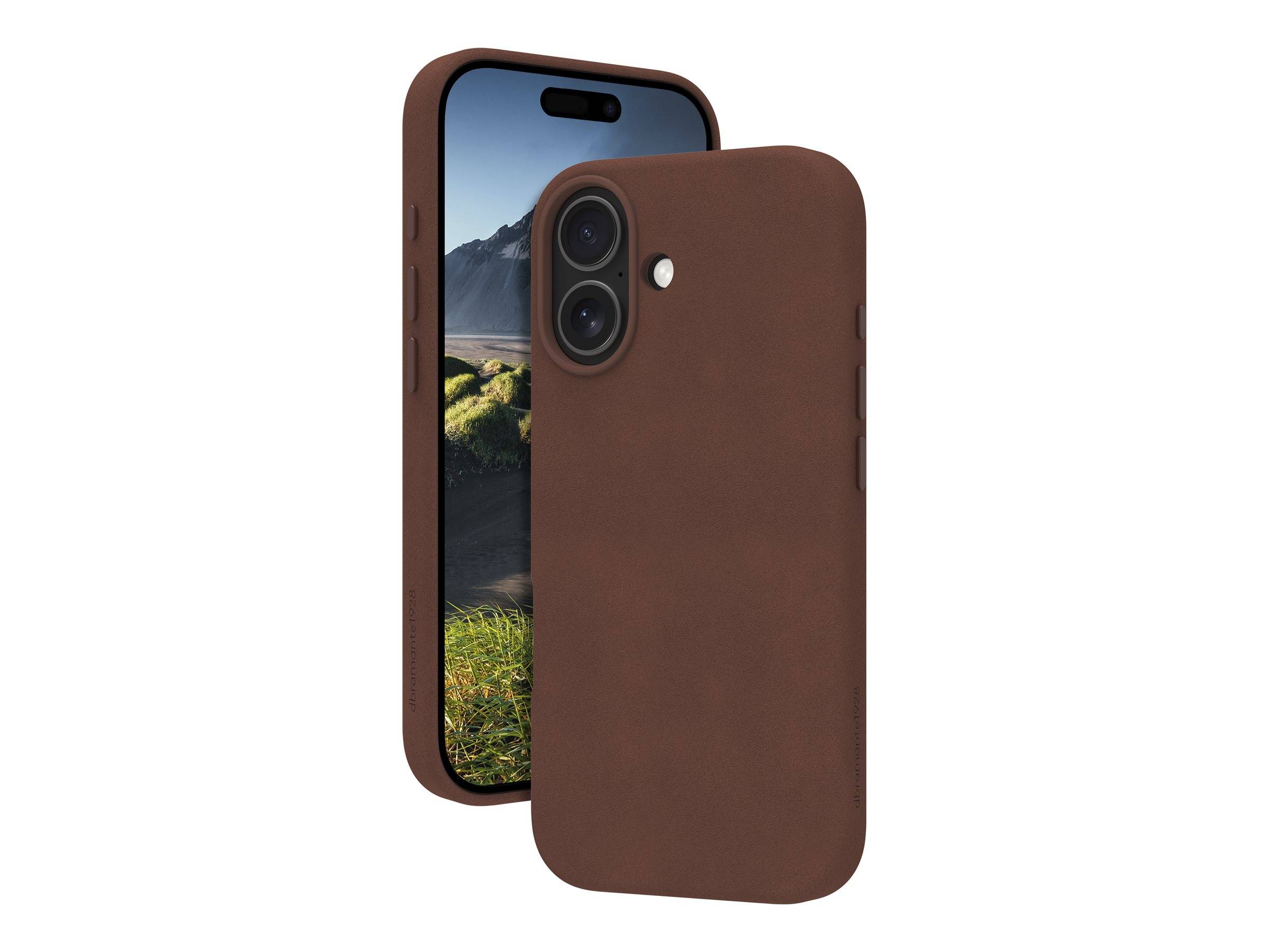 Zwei braune Handyhüllen für Smartphones. Eine Hülle zeigt ein Telefon mit einer Berglandschaft auf dem Bildschirm und unterstreicht Langlebigkeit und Design.