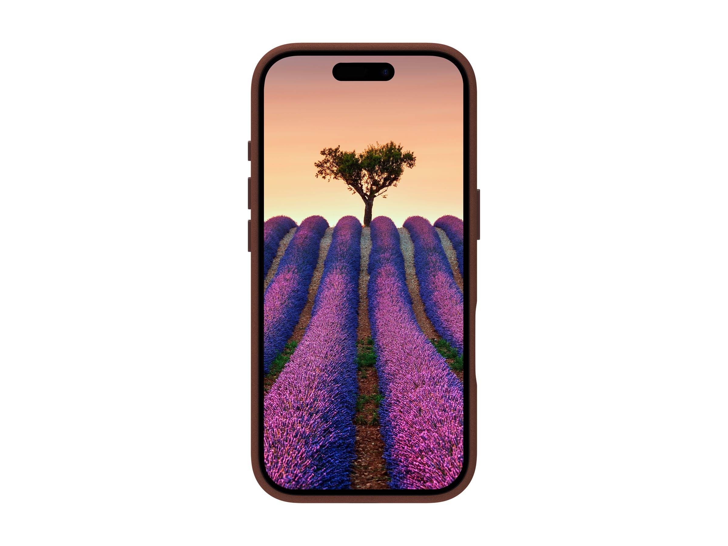 Ein Smartphone zeigt ein malerisches Bild von Reihen blühender Lavendelfelder unter einem Sonnenuntergangshimmel, mit einem einsamen Baum am Horizont.