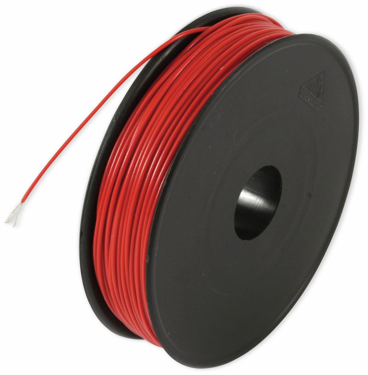 Eine Spule rotes Elektrokabel ist ordentlich auf einer schwarzen Rolle aufgewickelt, wobei ein Ende des Drahts freigelegt ist.