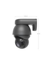 Eine schwarze Sicherheitskamera mit kuppelförmigem Gehäuse, dargestellt mit Abmessungen in Millimetern angegeben.