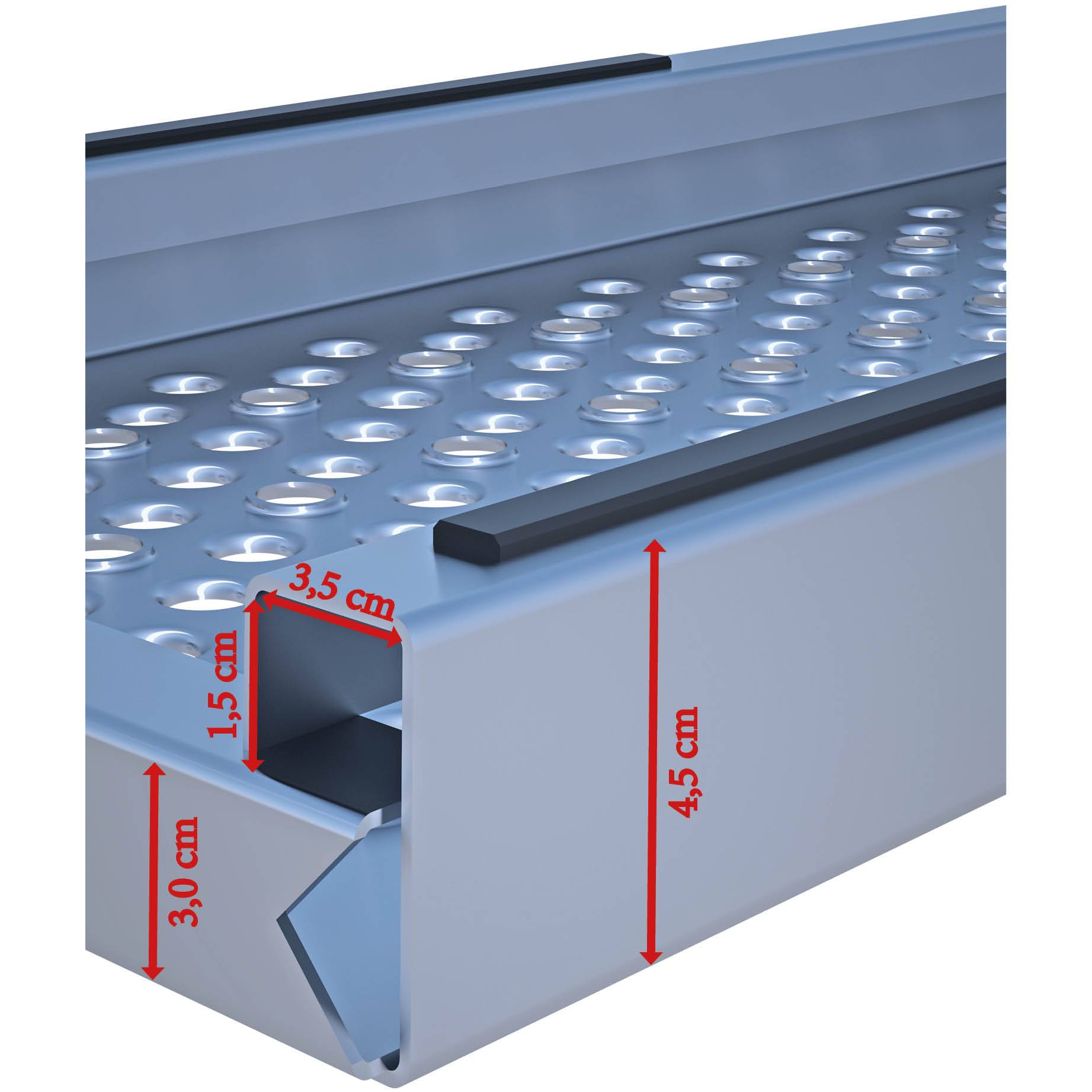 Nahaufnahme eines Metallobjekts mit perforierter, rutschfester Oberfläche. Die markierten Abmessungen umfassen 1,5 cm, 3,5 cm, 3,0 cm und 4,5 cm.