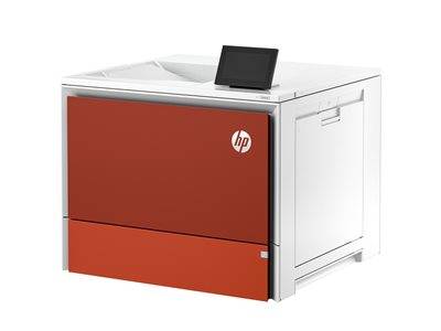 Roter und weißer HP-Drucker mit einem digitalen Anzeigefeld oben