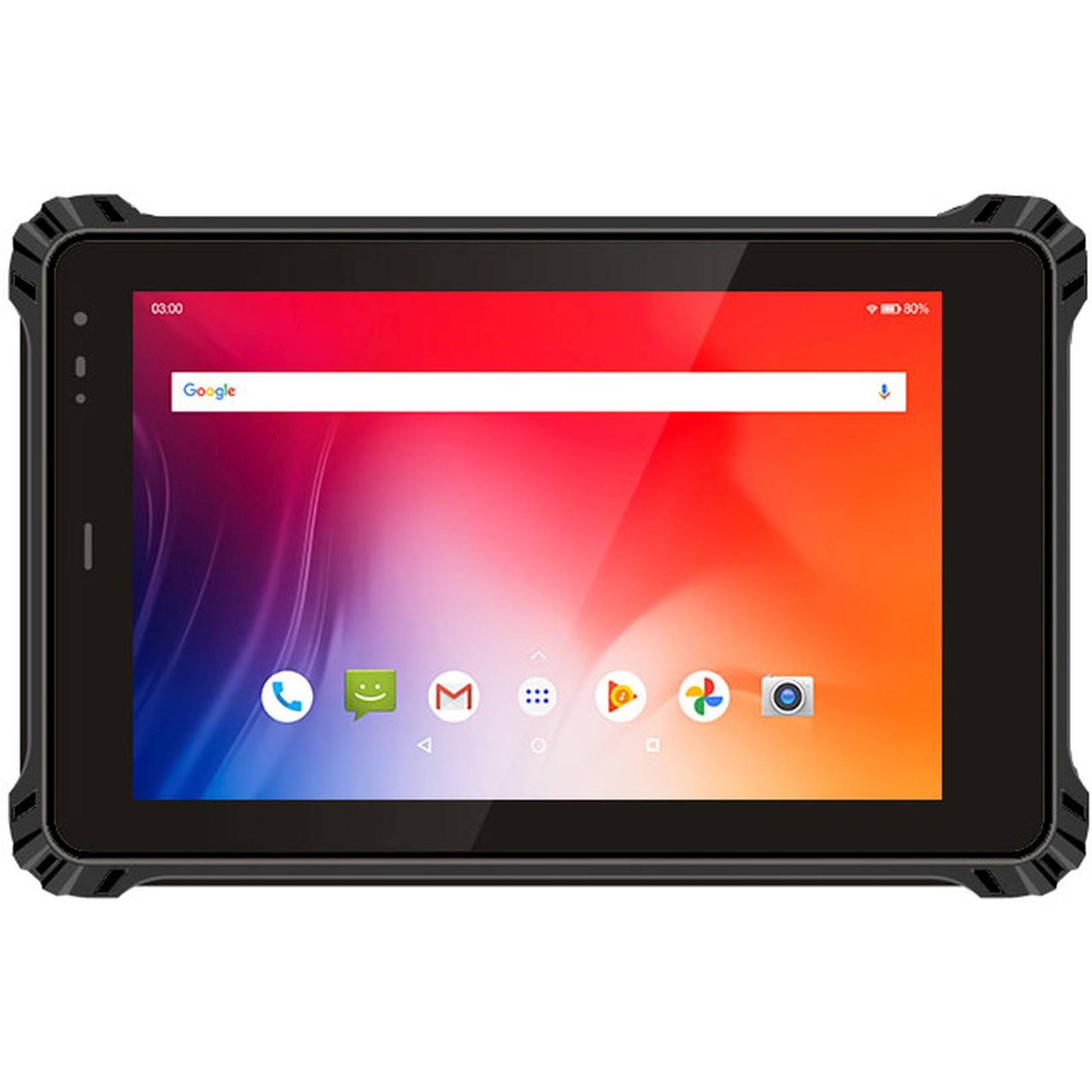 Ein schwarzes robustes Tablet zeigt einen farbenfrohen Startbildschirm mit App-Symbolen für Nachrichtenübermittlung, E-Mail, Browser und Einstellungen an.