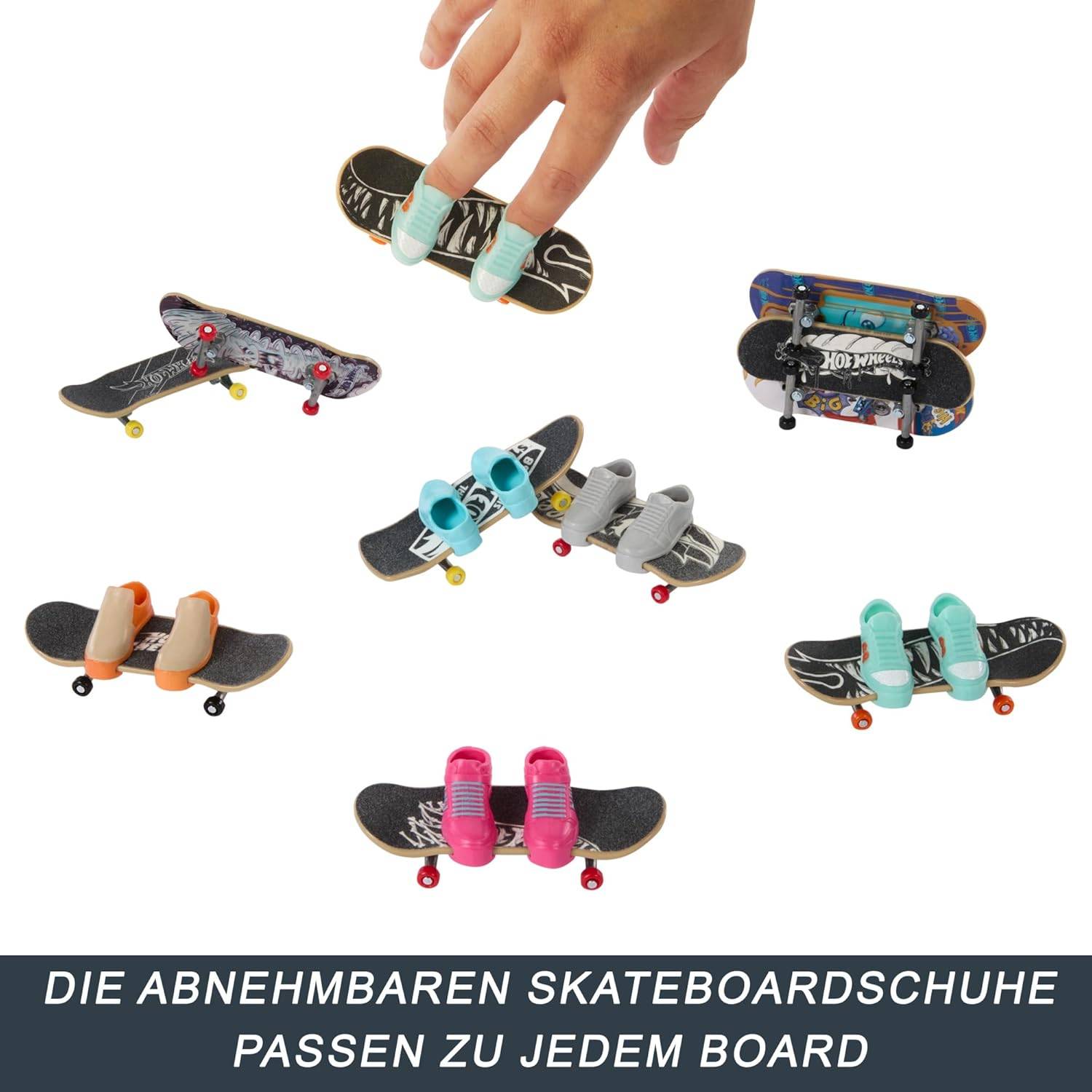 Miniatur-Skateboards mit verschiedenen bunten Schuhen auf jedem. Die Bildunterschrift auf Deutsch lautet: „Die abnehmbaren Skateboardschuhe passen zu jedem Board.