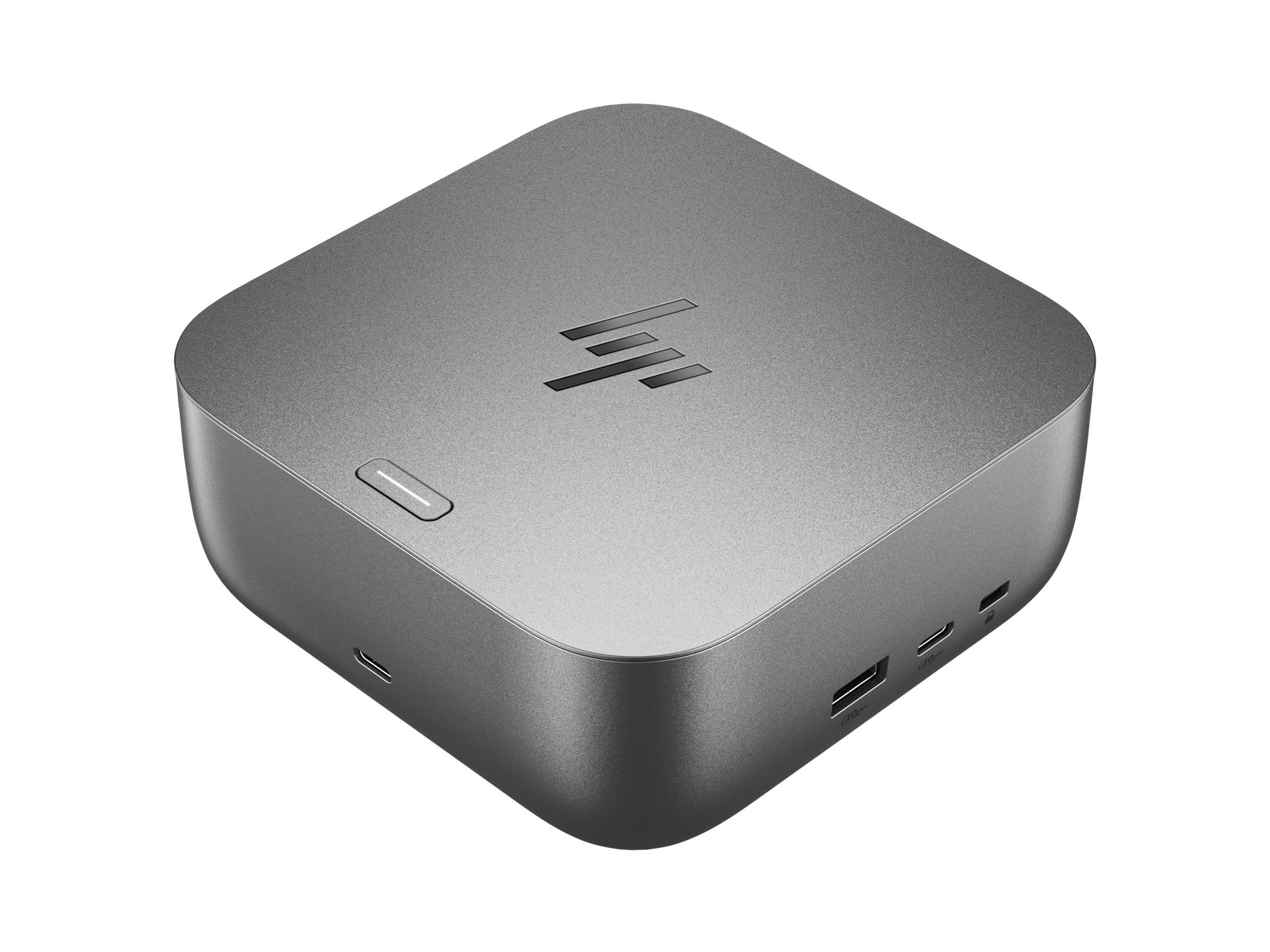 Kompakter silberner HP Mini-Desktop-Computer mit abgerundeten Ecken, Logo oben und sichtbaren Front- und Seitenschnittstellen.