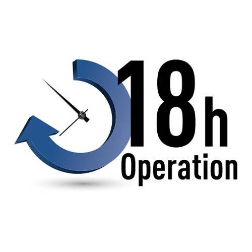 18h Operation' Text mit einem Kreispfeil, der Teil eines Uhrenzifferblatts bildet und kontinuierliche 18-Stunden-Betrieb oder Service suggeriert.