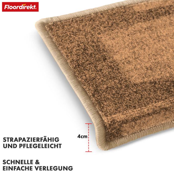 Ein beige und braun gemusterter Teppich mit einer 4 cm dicken Kante, vermarktet als 'strapazierfähig und pflegeleicht' für 'schnelle und einfache Verlegung'.